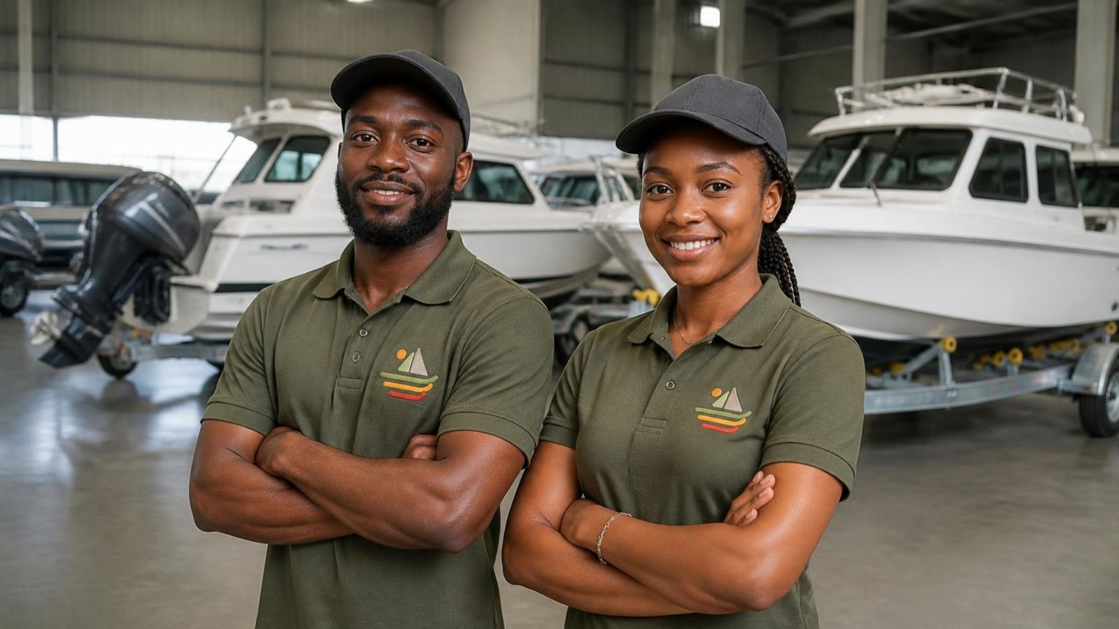 Two young crew members in green Continental Intertrade polos and caps in a modern boat hangar