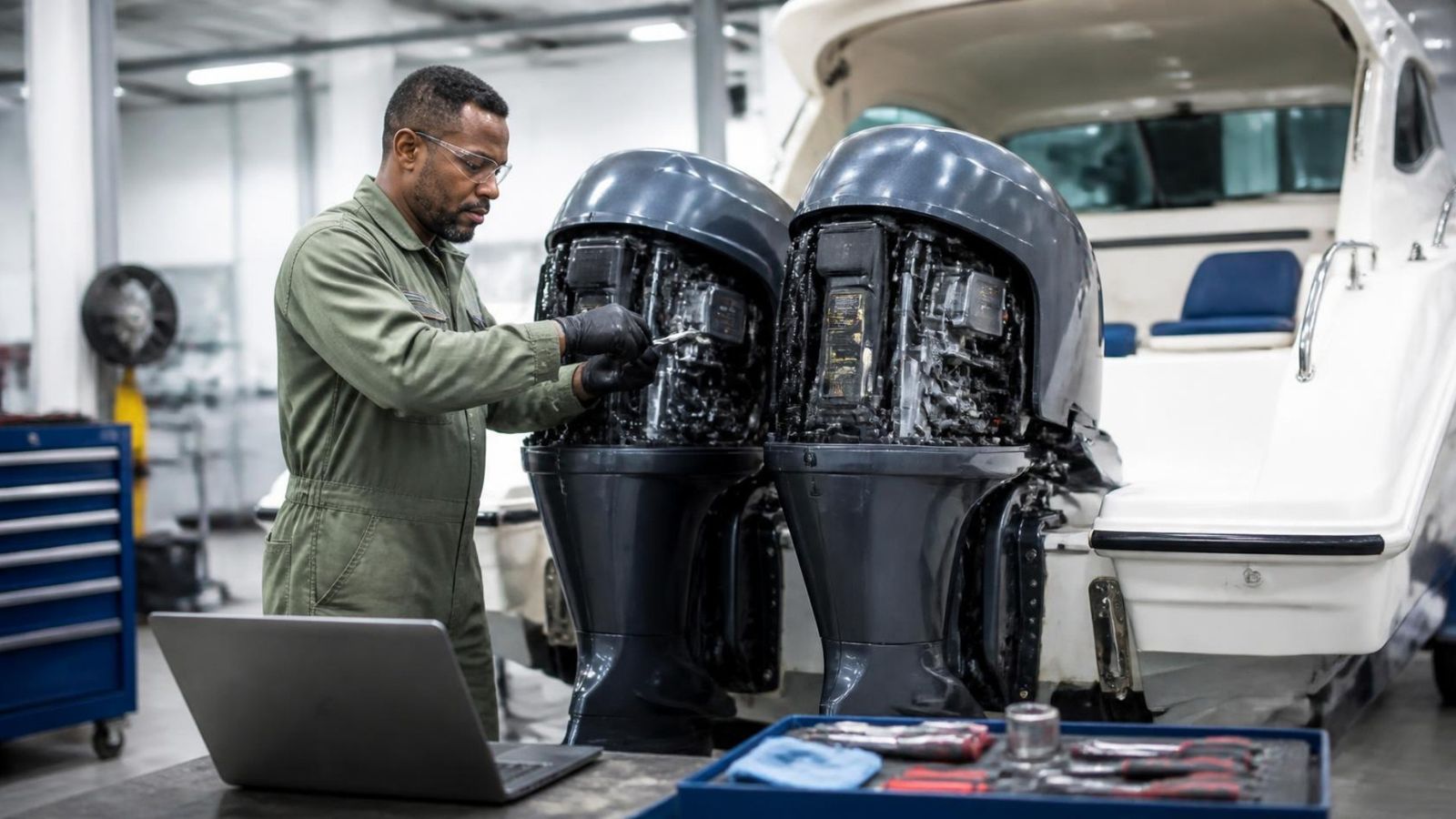A marine engineer servicing twin outboard engines on a modern speedboat