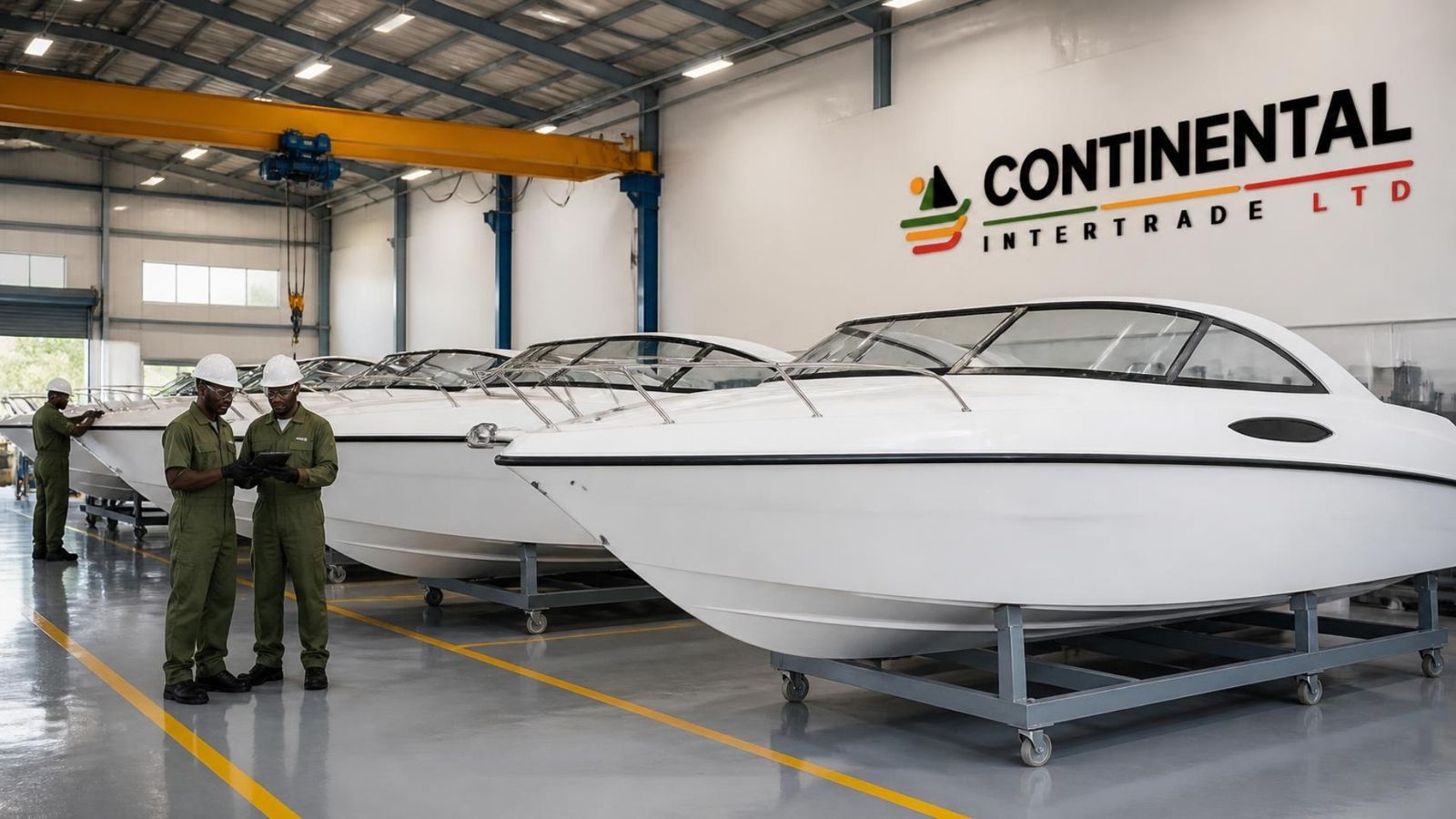 New fibreglass speedboat hulls on cradles inside the Continental Intertrade boat factory