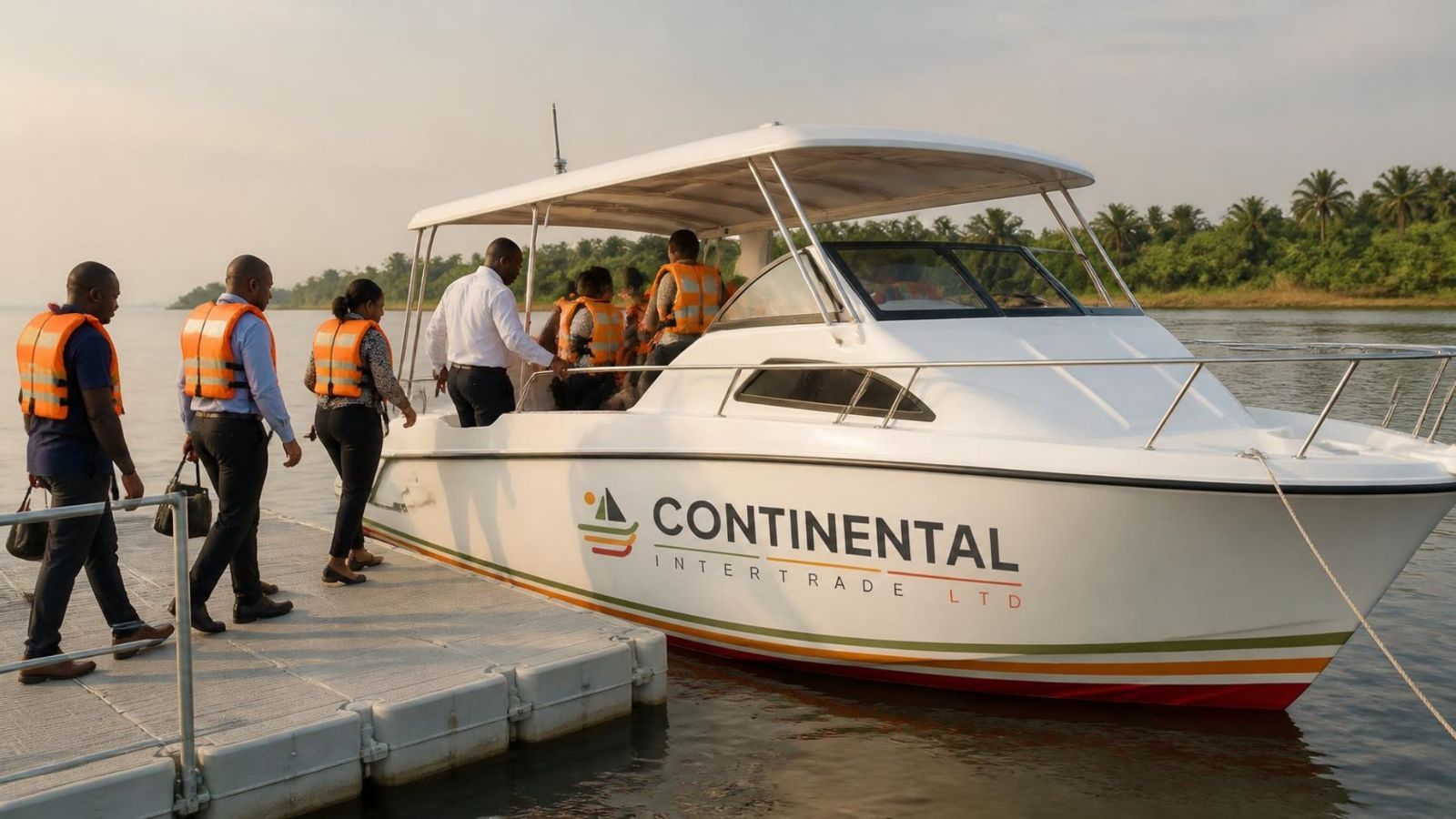 Passengers in life jackets boarding a Continental Intertrade passenger boat at a modern jetty