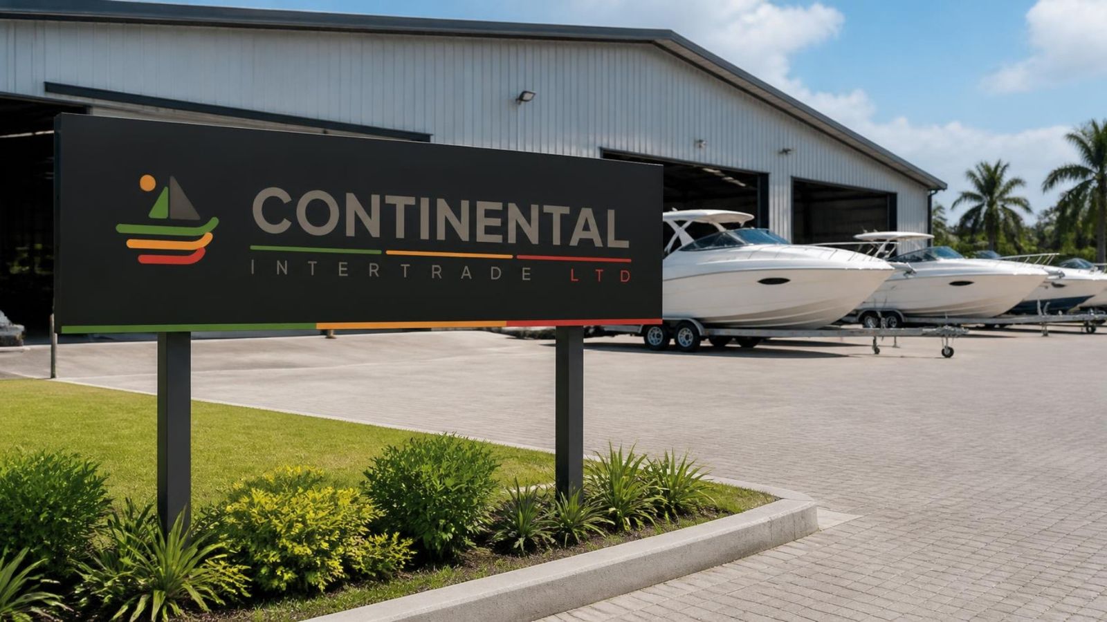 The Continental Intertrade signboard outside a modern boat manufacturing facility