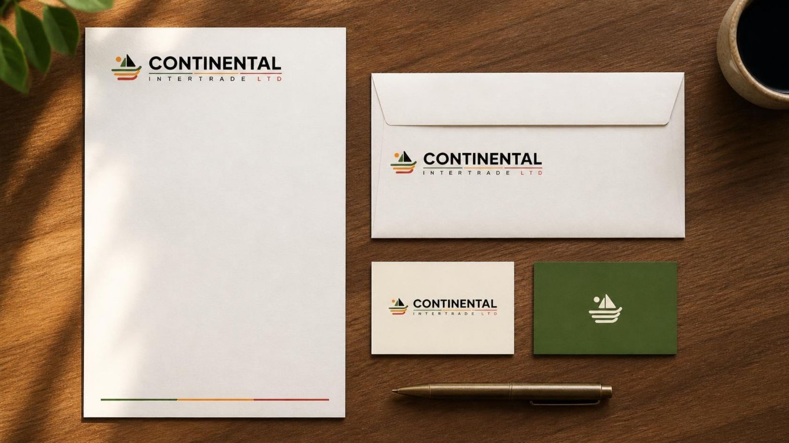 Continental Intertrade letterhead, envelope and business cards on a desk